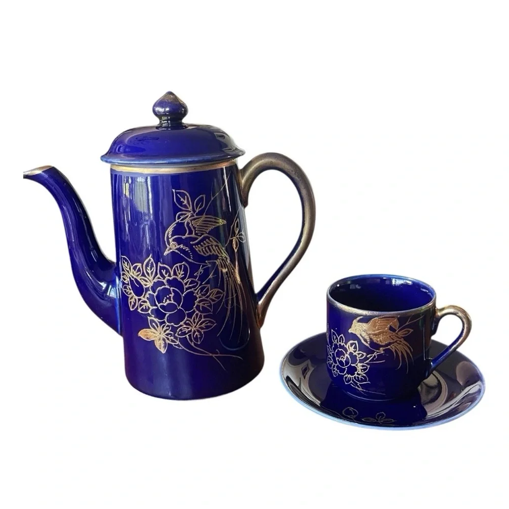 Chikaramachi Noritake Cobalt Blue Gold Bird Coffee Pot Cup Saucer Japan Vtg 40s